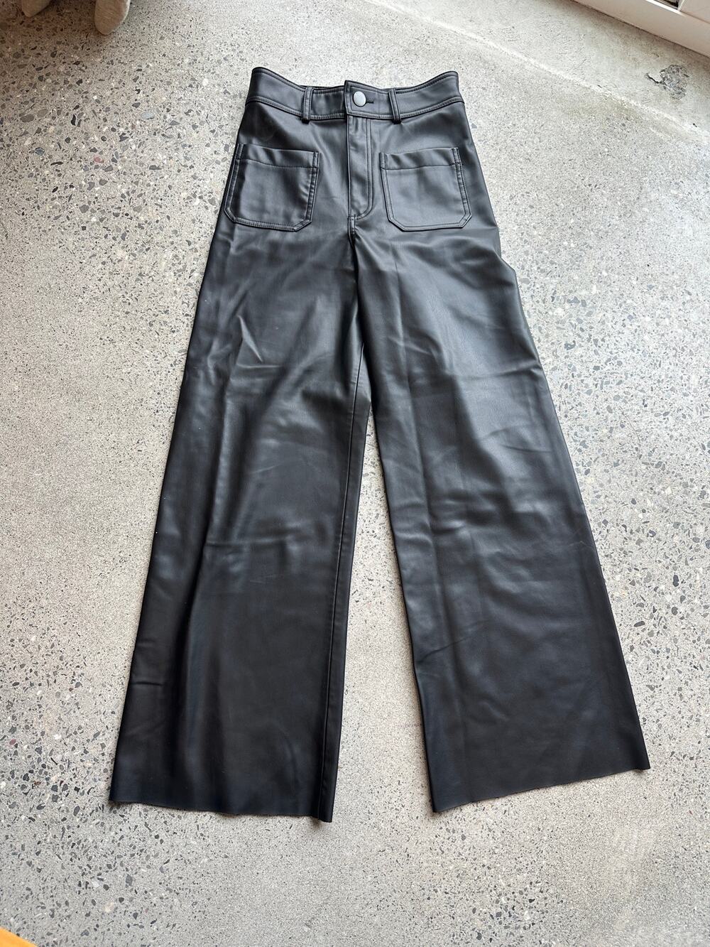Zara Women’s 2 Black Faux Leather Wide Leg Pants High Rise Patch Pocket Trousers